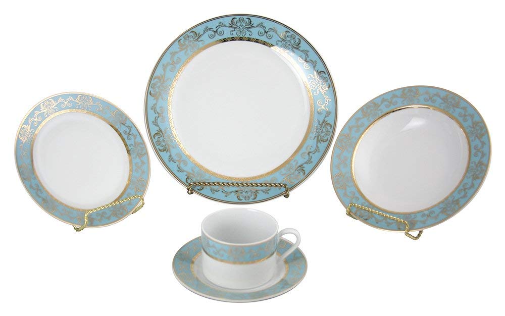 (D) Royalty Porcelain Blue and Gold Plates, Cup and Saucer 40-pc Dinnerware Set