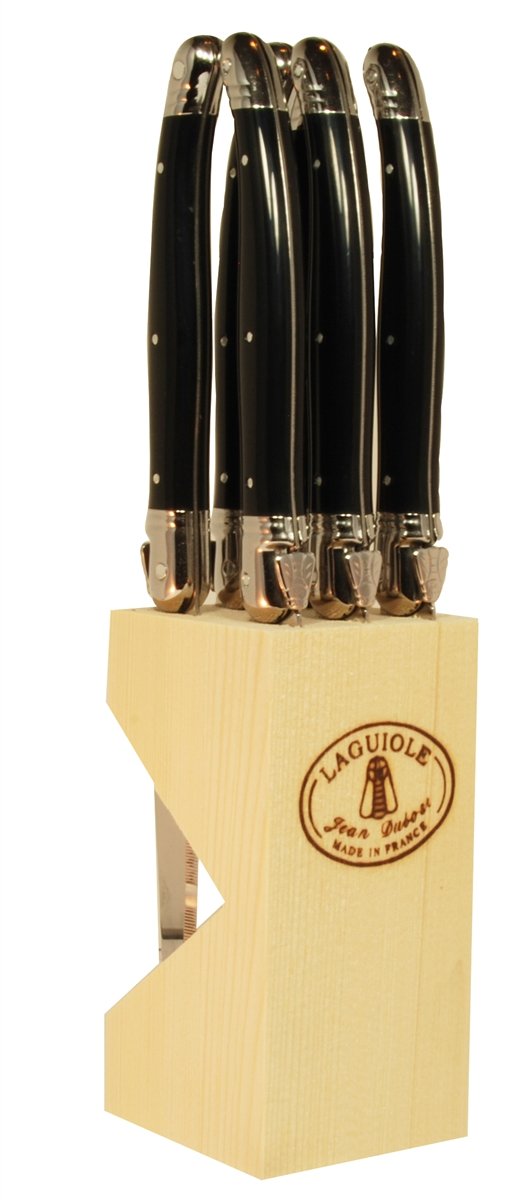 (D) Laguiole French 6 Hand Made Steak Knives 9 Inch in Wooden Block, Vintage
