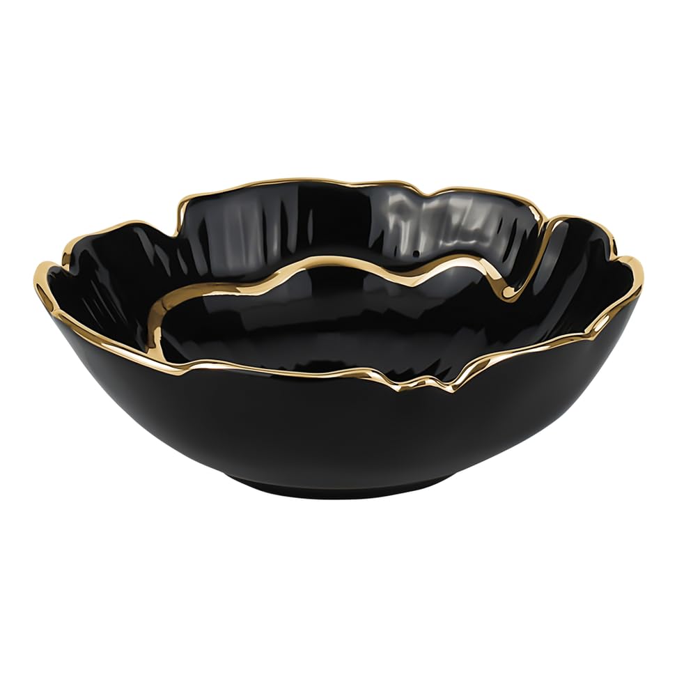 Gifts Plaza (D) Porcelain Luxury Serving Bowl Gold Rim Floral Shape (Black, Small)