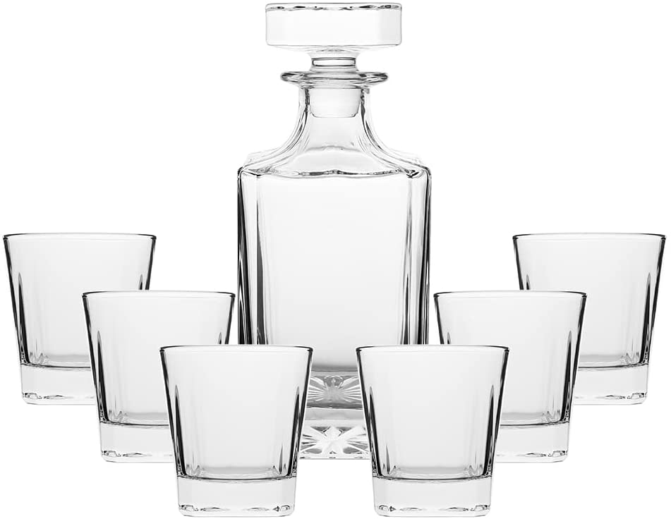 (D) Crystal Decanter Square Design Set with 6 Brandy Cognac Snifters