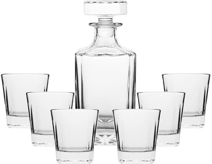 (D) Crystal Decanter Square Design Set with 6 Brandy Cognac Snifters