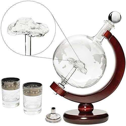 50 OzVodka/Liquor Etched Globe Decanter Set with Wooden Stand, 2 Shot Glasses