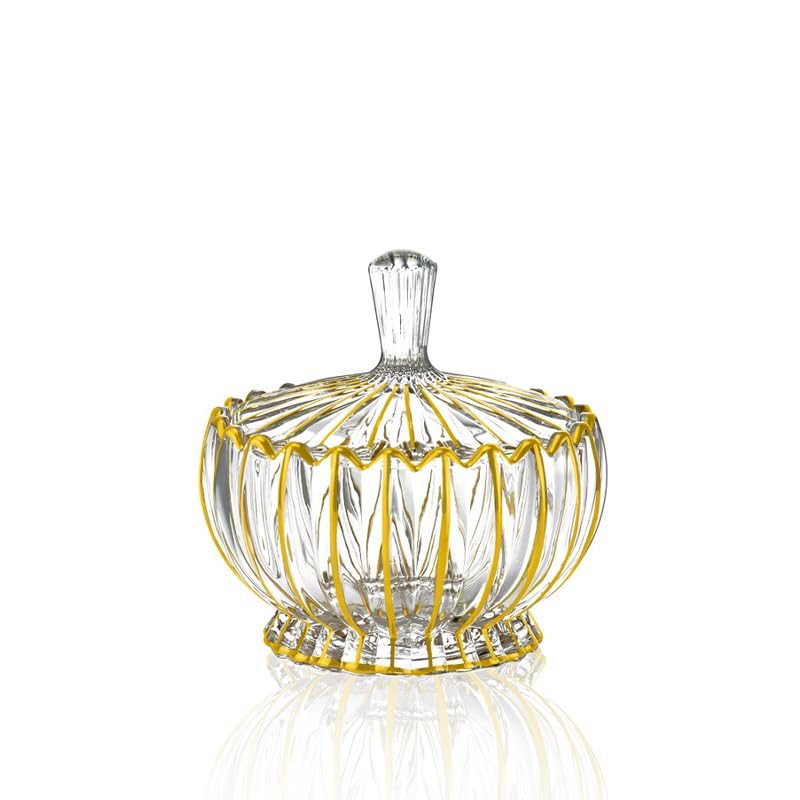 Gifts Plaza (D) Round Glass Sugar Dish With Lid Gold and Clear Fluted Glass Bowl (Small)