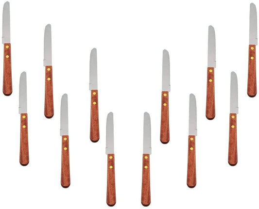Stainless Steel 4" Blade Round Tip Steak Knife, Wooden Handle Knives Set (12)
