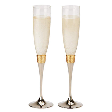 (D) Hammered Banded Fluted, Champagne Glasses Set of 2, Wedding Flutes