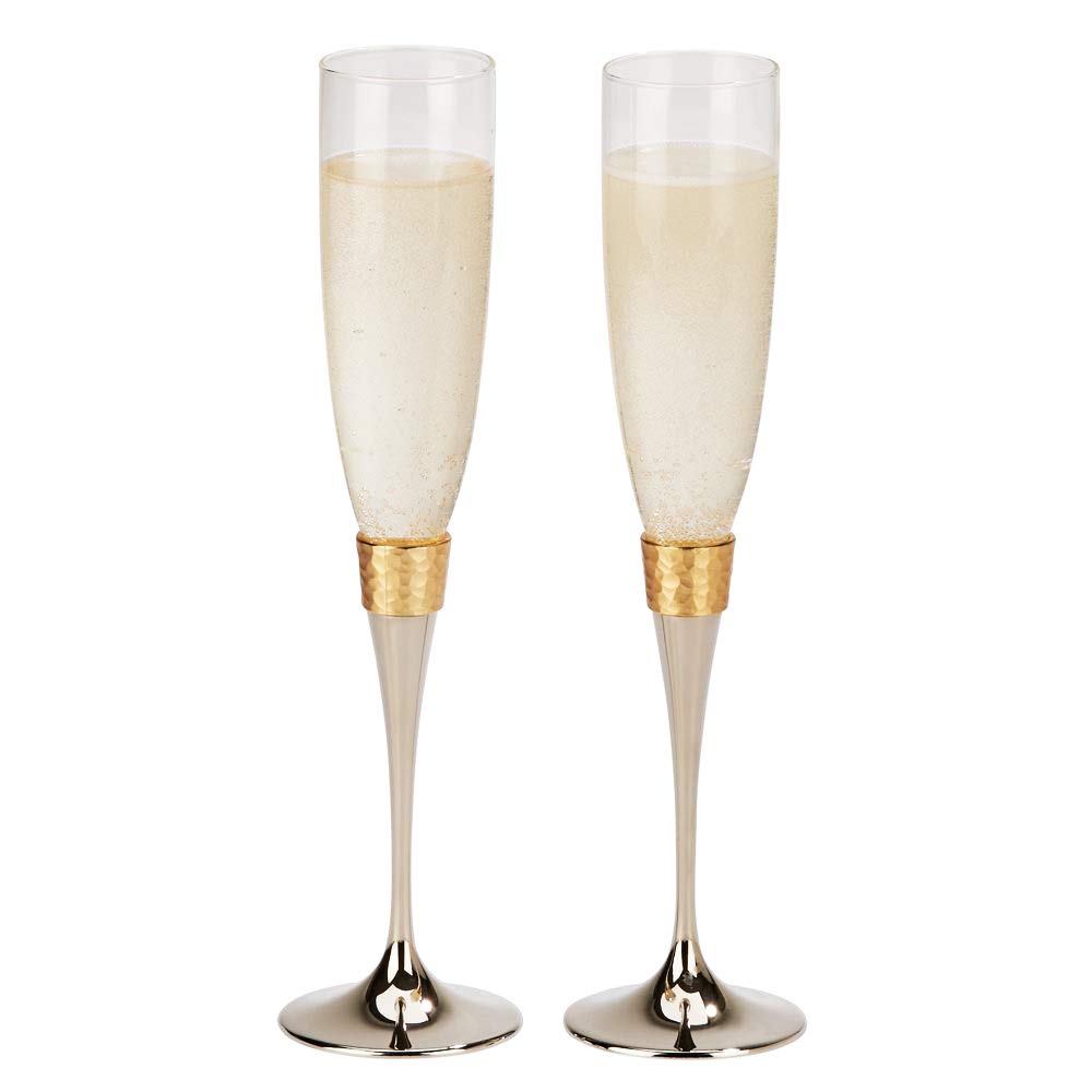(D) Hammered Banded Fluted, Champagne Glasses Set of 2, Wedding Flutes