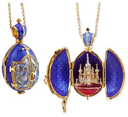 (D) Religious Gifts Enamel Silver Gold Faberge Style Egg (Basil Cathedral Blue)