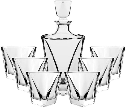 (D) Crystal Decanter For Cognac, Liquor Set with 6 Cups Clear 27 Oz