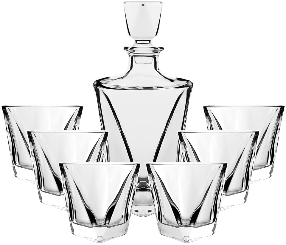 (D) Judaica Crystal Decanter For Cognac, Liquor Set with 6 Cups Clear 27 Oz