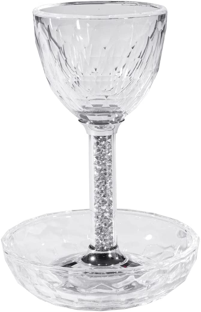 (D) Judaica Crystal Glass with Stones, Kiddush Cup for Passover (Silver)