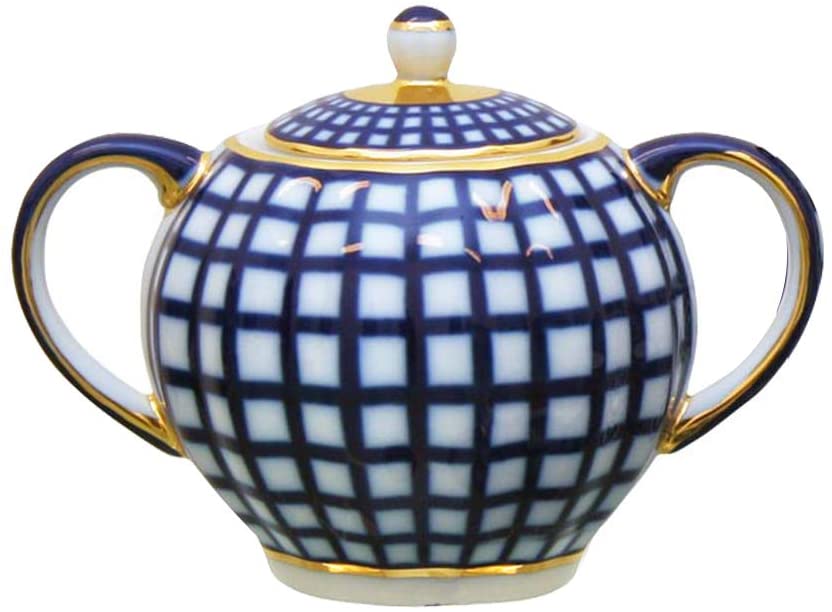 (D) Royalty Porcelain Lomonosov Cobalt Blue Sugar Bowl 'Check'