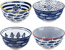 (D) Bowls Set Glazed Ceramic Soup, Ramen Bowl 4-pc, Blue Fish Dip Bowls