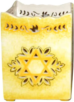 (D) Judaica Pierced Work Star of David Candle Holder Yellow Design Ceramic