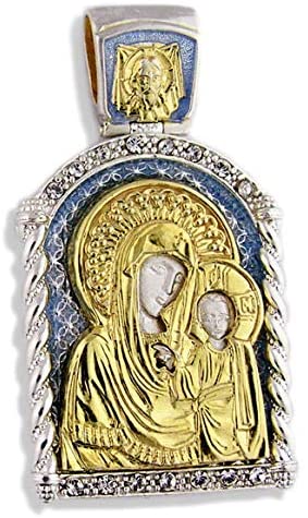 (D) Religious Gifts Virgin of Kazan Sterling Silver 925, Jewelry Pendant (Blue)