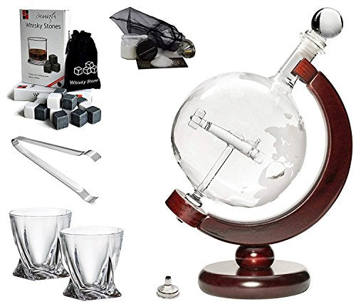 'Plane' Whisky Liquor Etched Globe Decanter 50 Oz and Diamond Glasses Mega Set