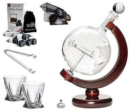 'Plane' Whisky Liquor Etched Globe Decanter 50 Oz and Diamond Glasses Mega Set
