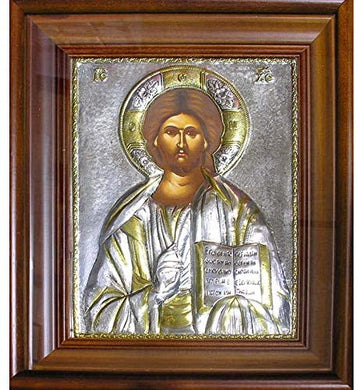 (D) Religious Gift Hand Painted Silver Icon in Wooden Frame Christ The Teacher