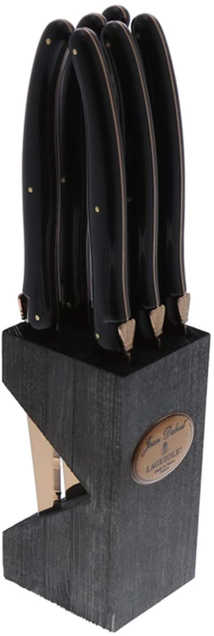 (D) Laguiole French Stainless Steel Steak Knives in Block, Vintage (Black)