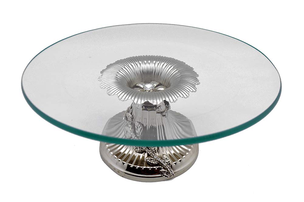 (D) Round Serving Platter on Silver Base with Flower Branch 11x5 Inches