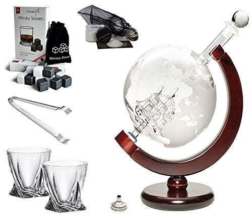 'Ship' Handmade Whisky Liquor Etched Globe Decanter  50 Oz and Diamond Glasses
