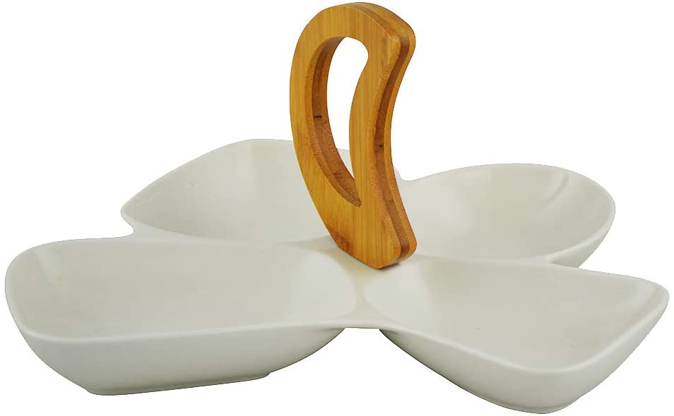 (D) White Sectioned Bowl Ceramic Serving Platter with Handle, Sauce Dip Set