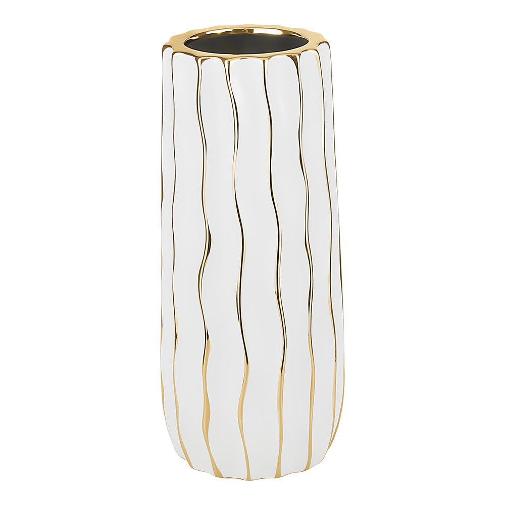 (D) Tall White Footed Vase Decorative Centerpiece, with Gold Wavy Design
