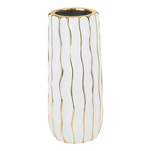 (D) Tall White Footed Vase Decorative Centerpiece, with Gold Wavy Design (Small 5.12" x 11.8")
