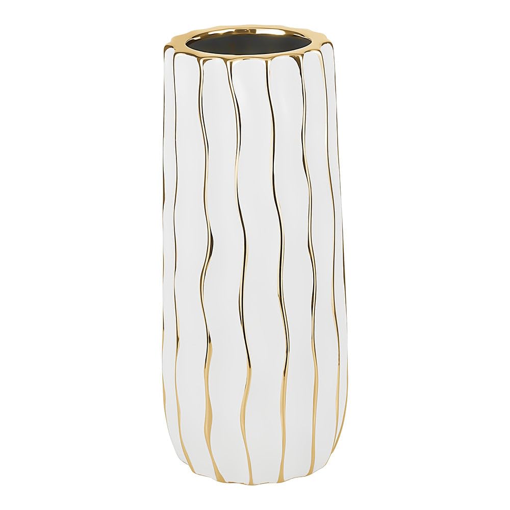 (D) Tall White Footed Vase Decorative Centerpiece, with Gold Wavy Design (Small 5.12