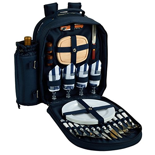 (D) Four Person Picnic Backpack Bag, Full Equipment Set for Outdoor (Navy White)