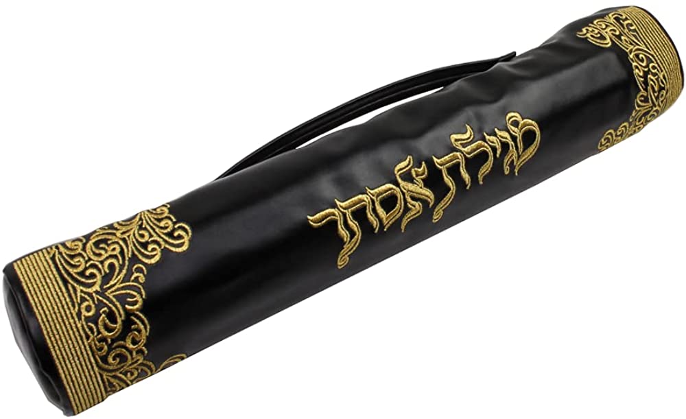 (D) Judaica Leatherette Megillah Case Royal Design (14'', Black Gold)