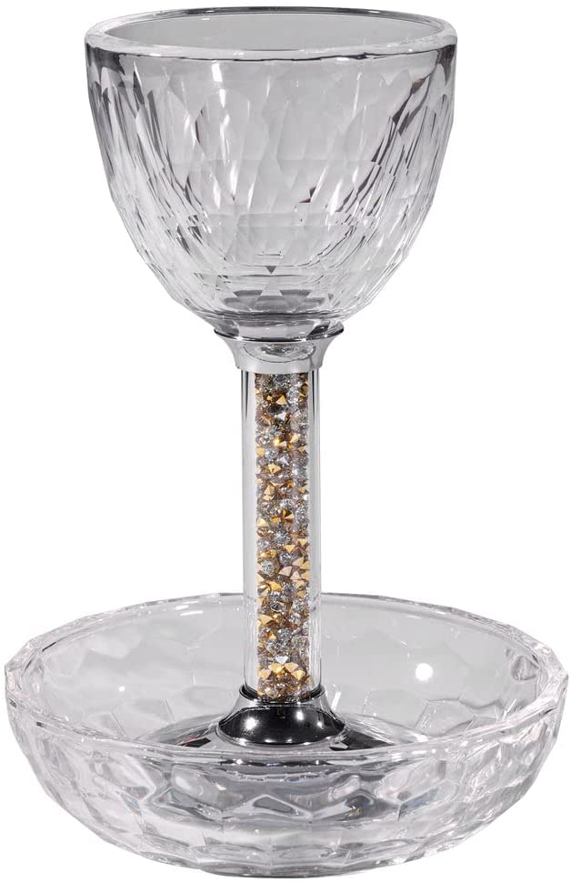 (D) Judaica Crystal Glass with Stones, Kiddush Cup for Passover (Gold Silver)