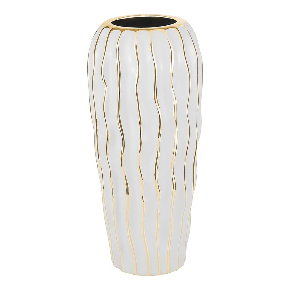 (D) Elegant White Porcelain Vase for Home Decor and Livingroom with Gold Wavy Design