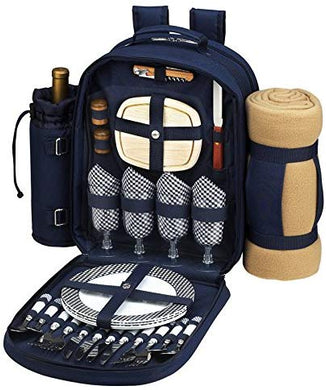 (D) Four Person Picnic Backpack Bag, Full Equipment Set with Blanket (Blue Navy)