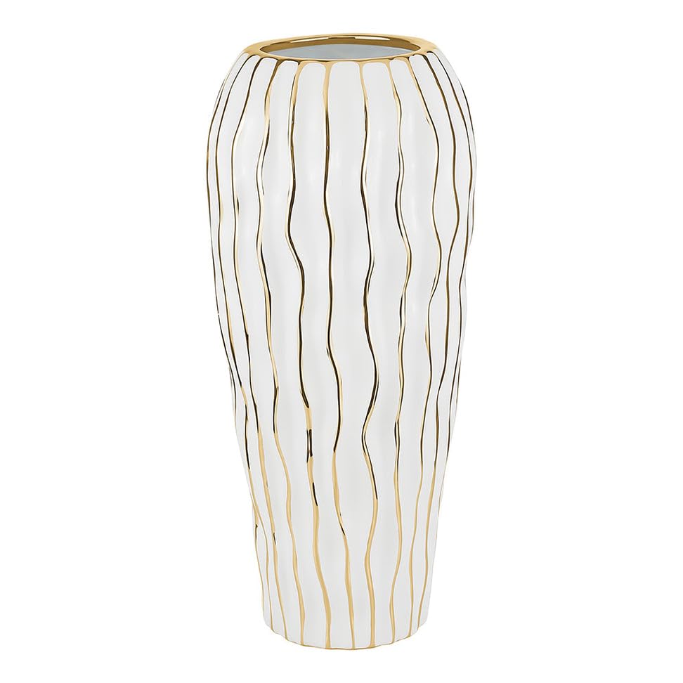 (D) Elegant White Porcelain Vase for Home Decor and Livingroom with Gold Wavy Design