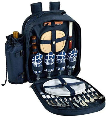 (D) Four Person Picnic Backpack Bag, Full Equipment Set for Outdoor (Trellis Blue)