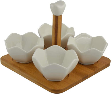 (D) Dip Set 7.5 x 7.5 4 Pc White Bowl Set on a Brown Tray with Handle for Sauces