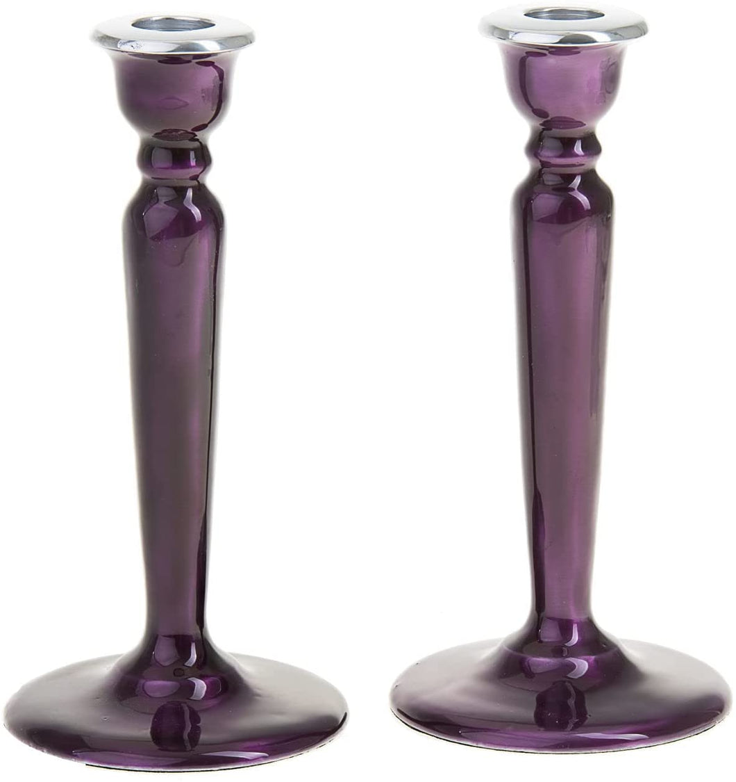 (D) Judaica Enamel Candlestick, Modern Bright Jewish Candle Holders 2 Pc (Purple)