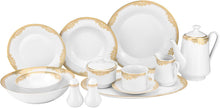 White and Gold Dinnerware Set - 57 Piece Vintage Porcelain Floral Ornament Design Tableware Setting for Every Day and Formal Occasions Service for 8