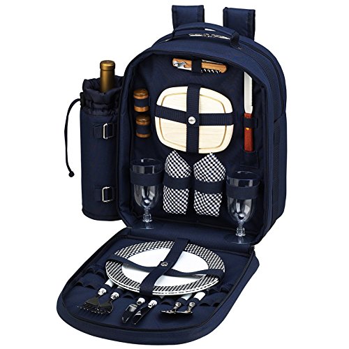 (D) 2 Person Picnic Backpack Bag, Full Equipment Set for Outdoor (Navy Blue)