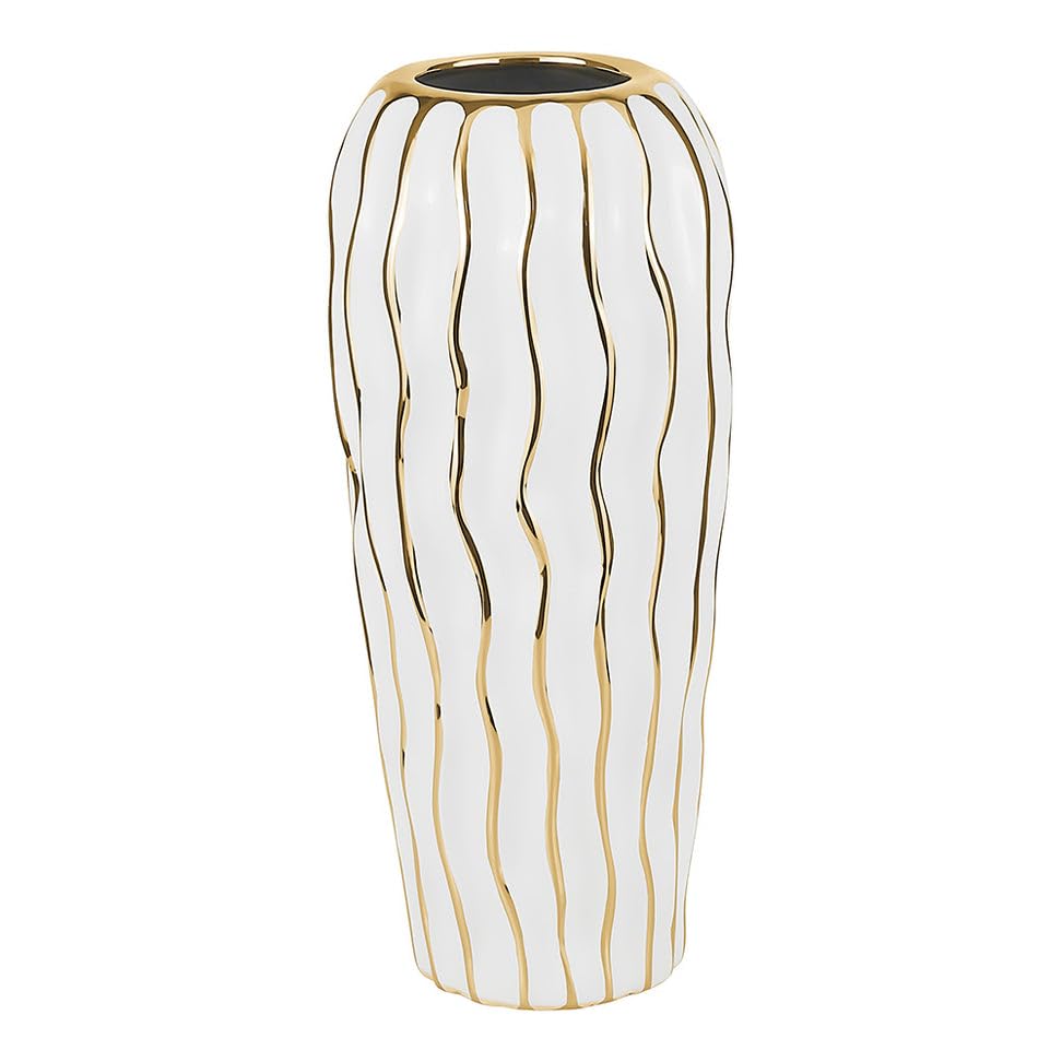 (D) Elegant White Porcelain Vase for Home Decor and Livingroom with Gold Wavy Design