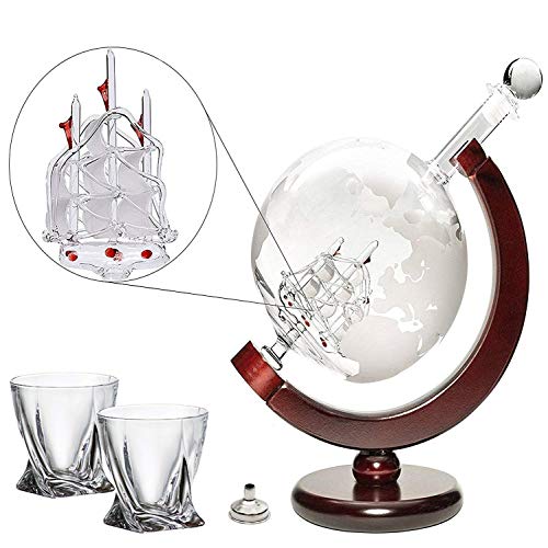 Ship Liquor Decanter 50oz Set with Wooden Stand 2 Diamond Glasses and Bar Funnel