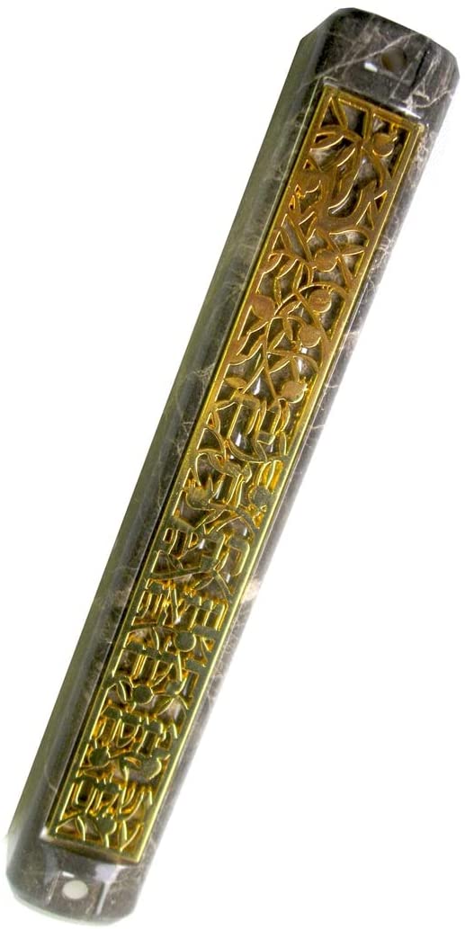 (D) Judaica Plastic Marble Style Mezuzah Case, Metal (4.7'', Gold Text)