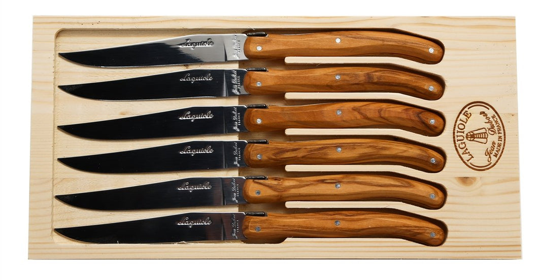 (D) Laguiole French Steak Knives with Olive Wood Handles in a Box, Vintage