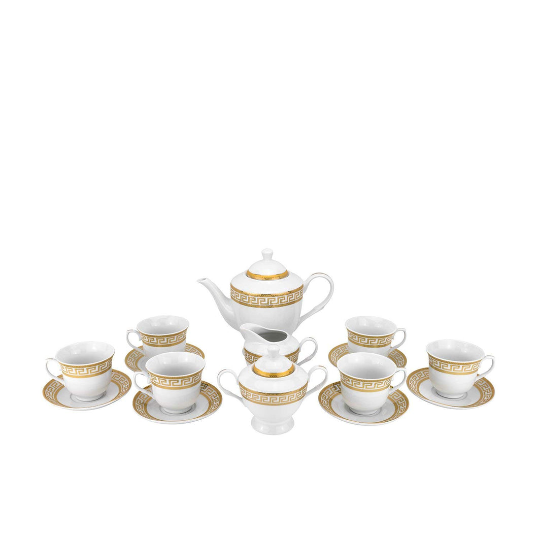 Royalty Porcelain 17-pc Tea set Greek Key Ornament For 6, Bone China Porcelain (Gold)
