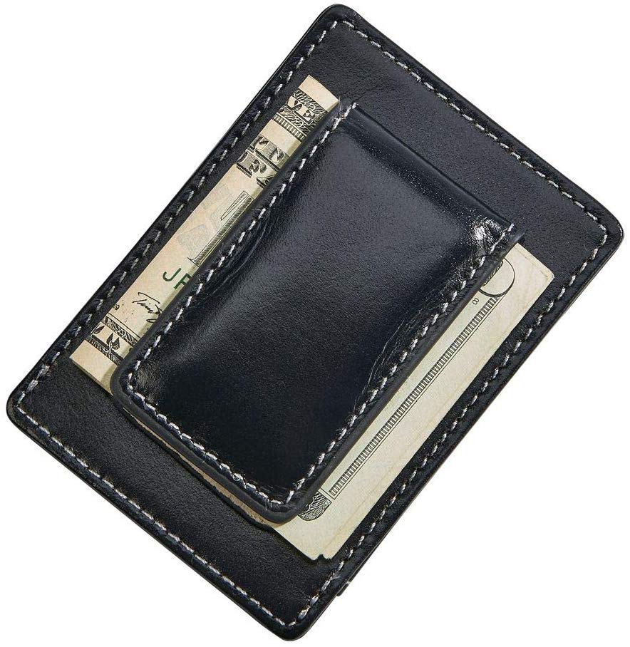 (D) Leather Money Clip Business Card Holder for Men, Small Gift for Him (Black)