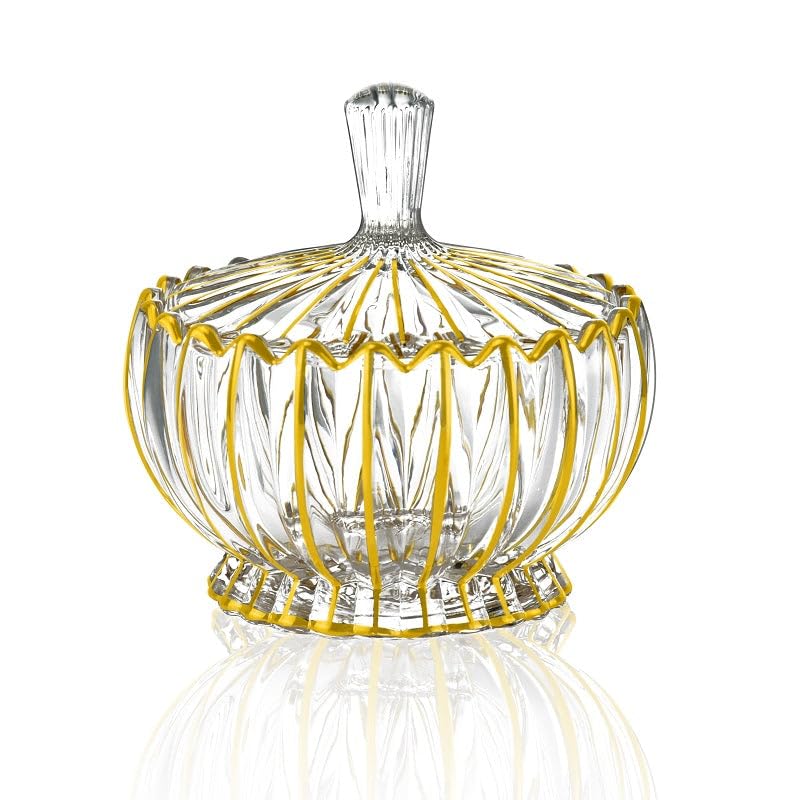 Gifts Plaza (D) Round Glass Sugar Dish With Lid Gold and Clear Fluted Glass Bowl (Large)