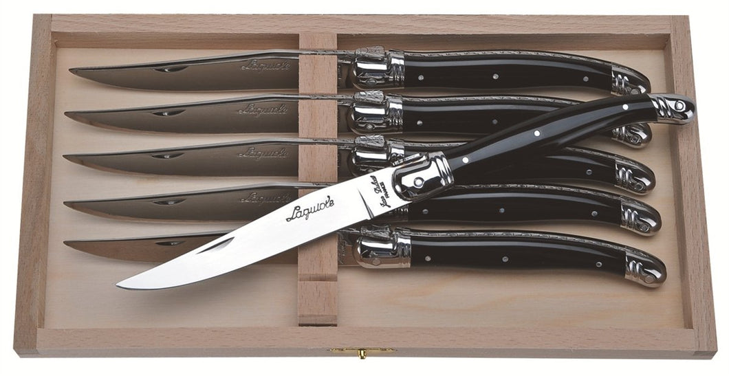 (D) Laguiole French 6 Steak Knives in a Wood Box, Vintage (Black)