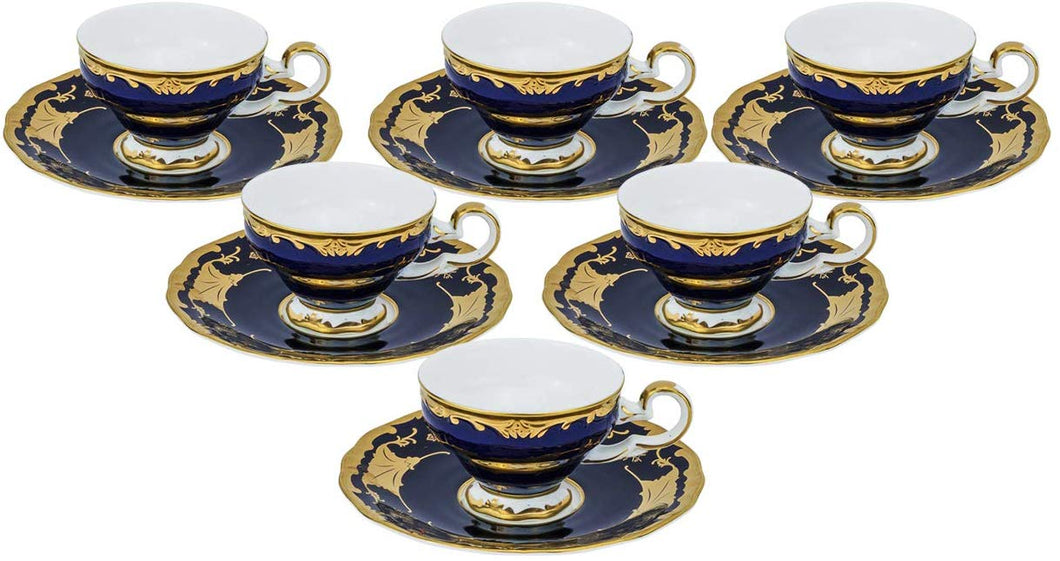 Royalty Porcelain 12-pc Demi Espresso Coffee, Blue Gold 'Leaves', Bone China