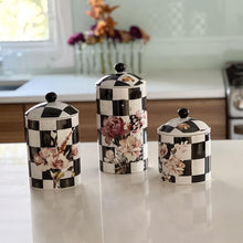 (D) Chic Checkered Porcelain Cookie Jar, Black and White (Large)