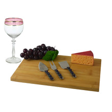 (D) Bamboo Cheese Board, Wooden Board with Silver Knife, Fork 4-pc Purple Stones